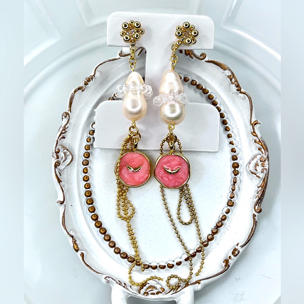 Handmade Freshwater Pearl Clear Quartz Heart ❤️ Dangle Earrings S925 SS Posts